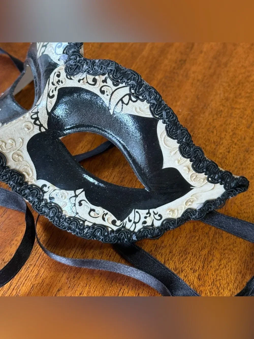 Italian Back and Cream Hand Made and Decorated Venetian-style Carnival Eye Mask